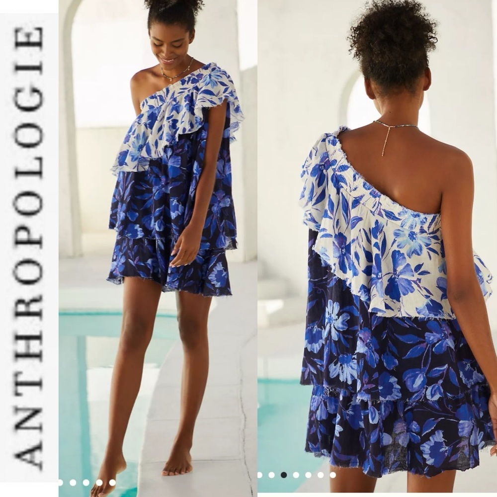 Anthropologie Blue Floral Easy One Shoulder Dress SP
